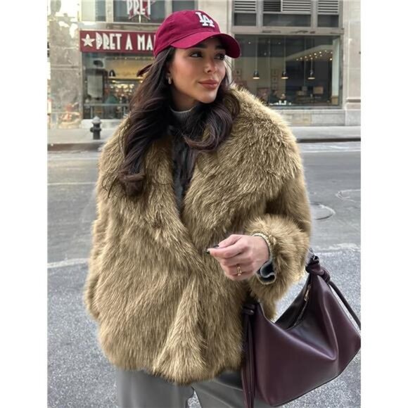 Womens Faux Fur Coat Lapel Open Front Fluffy Shaggy Jacket Khaki - Picture 3 of 6